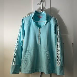 Lilly Pulitzer Aqua Blue Half-Zip Pullover with White Lace Trim